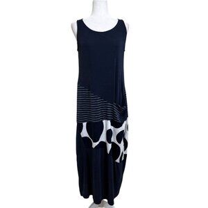 Alembika Sleeveless Maxi Dress Striped Polka Dot Navy Blue Lagenlook Size 10-12